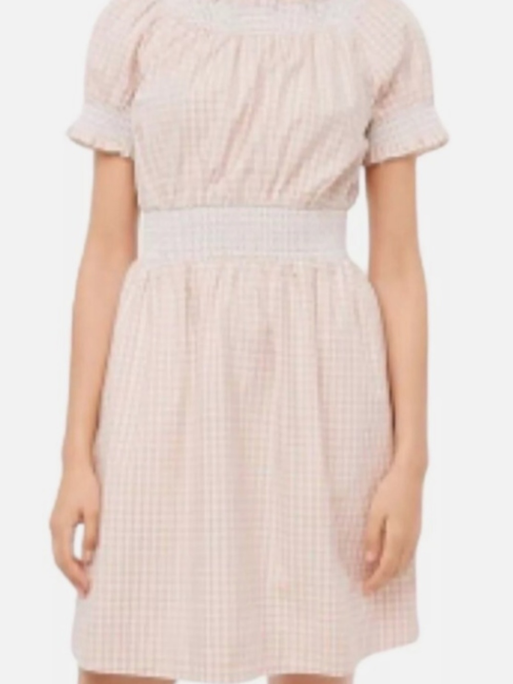 J.Crew Size Larg Beige White Gingham Smocked Waist Puff Sleeve Dress Cottagecore